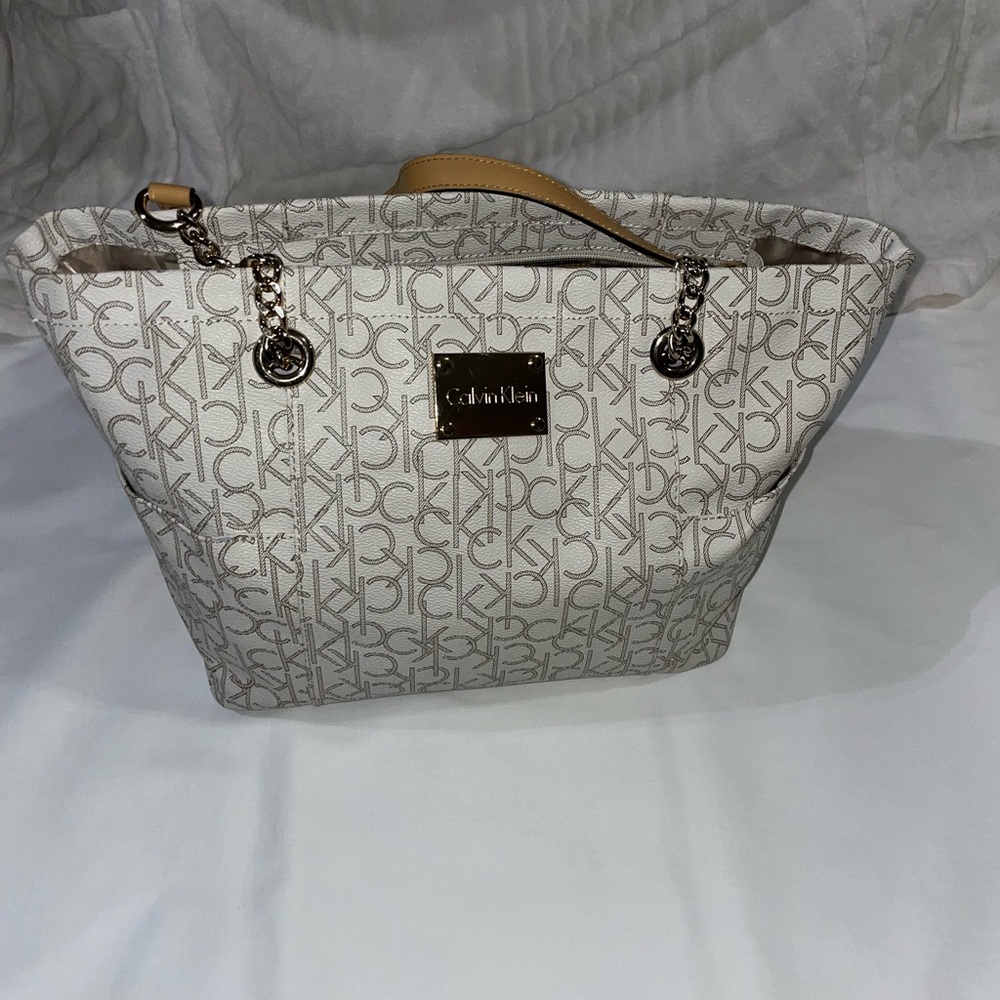 Calvin Klein Cream and Brown Tote Bag with Monogram Design